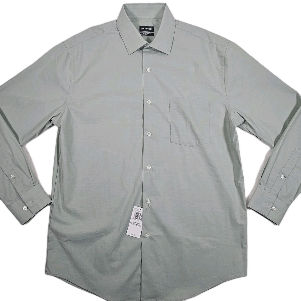Van Heusen Mens Stain‎ Shield Smoke Green Dress Shirt 15–15.5 32–33